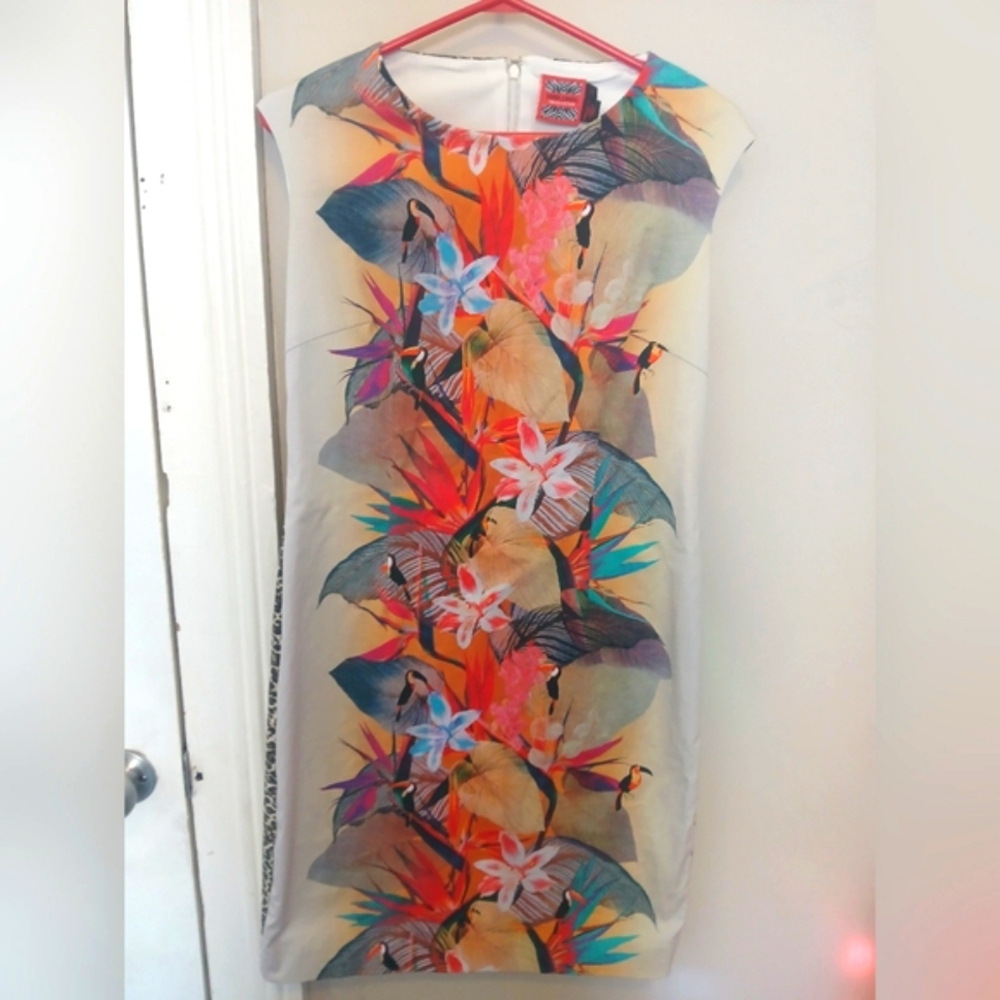Simon Chang Floral Print Midi Dress in Cream, Orange, Blue, Pink
